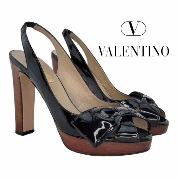 AUTHENTIC VALENTINO Patent Leather Bow Slingback Stack Heeled Platforms Black